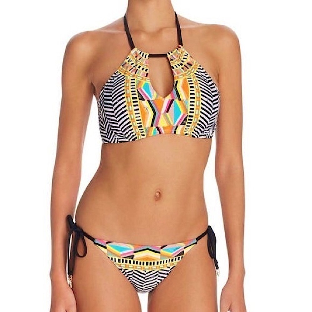 Trina Turk Brasilia Print Two Piece Tie Bikini, Black Multi Print EUC